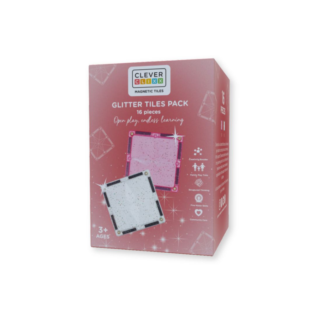 Cleverclixx Glitter Tiles Pack Transparent / Pink | 16 stuks Cleverclixx Glitter Tiles Pack Transparent / Pink | 16 stuks