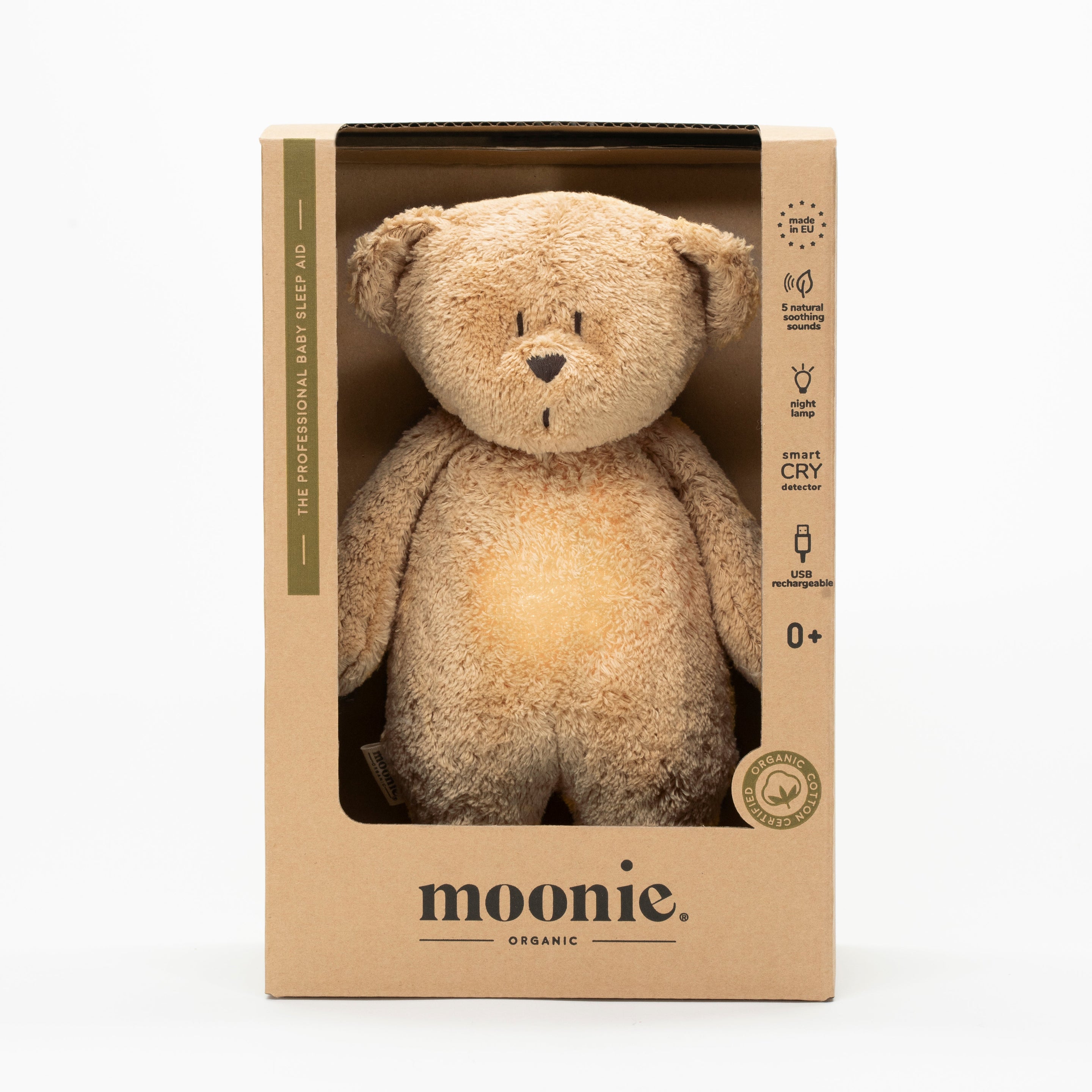 Moonie 2.0 upgrade - Knuffel Hartslag en Licht | Bear Cappuccino - Biologisch katoen Moonie 2.0 upgrade - Knuffel Hartslag en Licht | Bear Cappuccino - Biologisch katoen