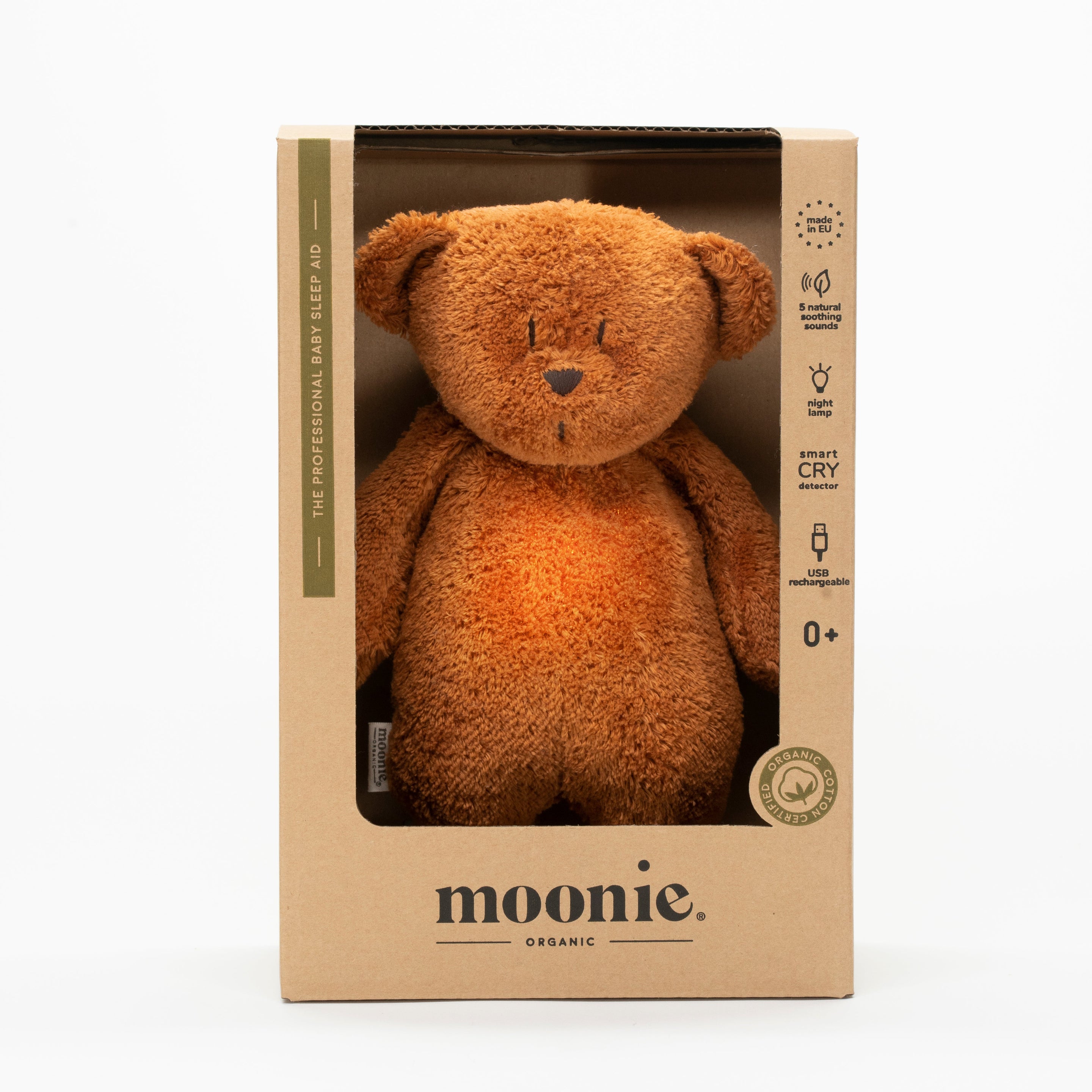 Moonie 2.0 upgrade - Knuffel Hartslag en Licht | Bear Caramel - Biologisch katoen Moonie 2.0 upgrade - Knuffel Hartslag en Licht | Bear Caramel - Biologisch katoen