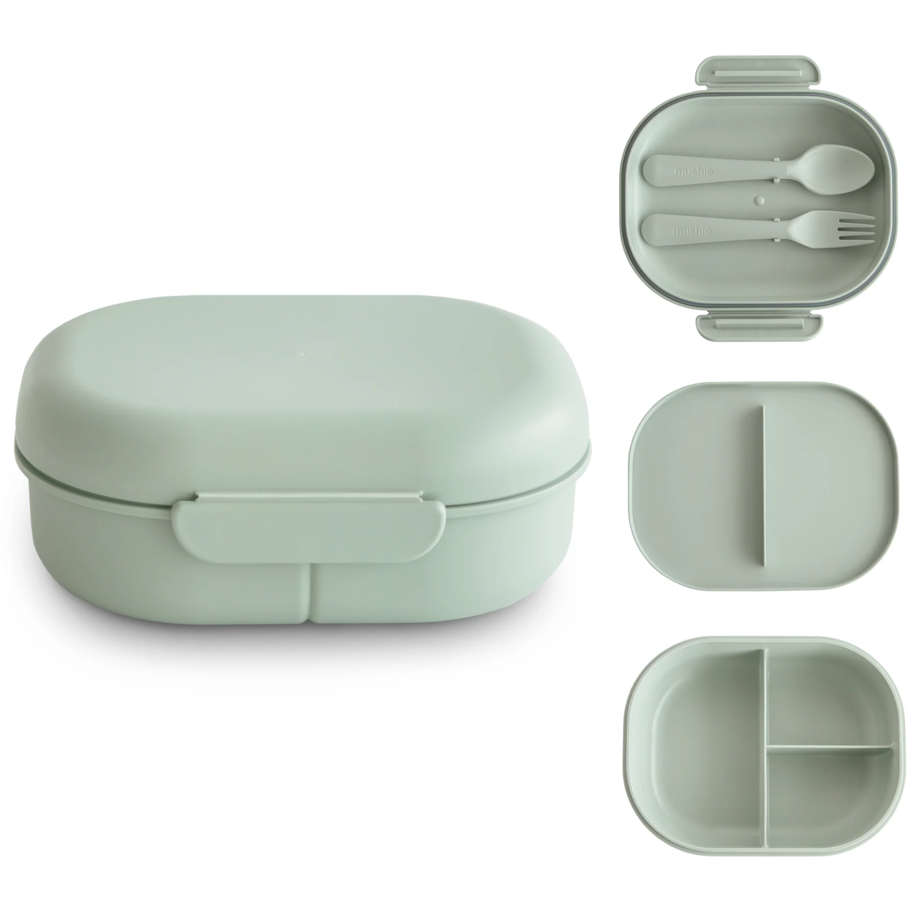 Mushie Lunchbox Met Vakjes & Bestek | Sage Mushie Lunchbox Met Vakjes & Bestek | Sage