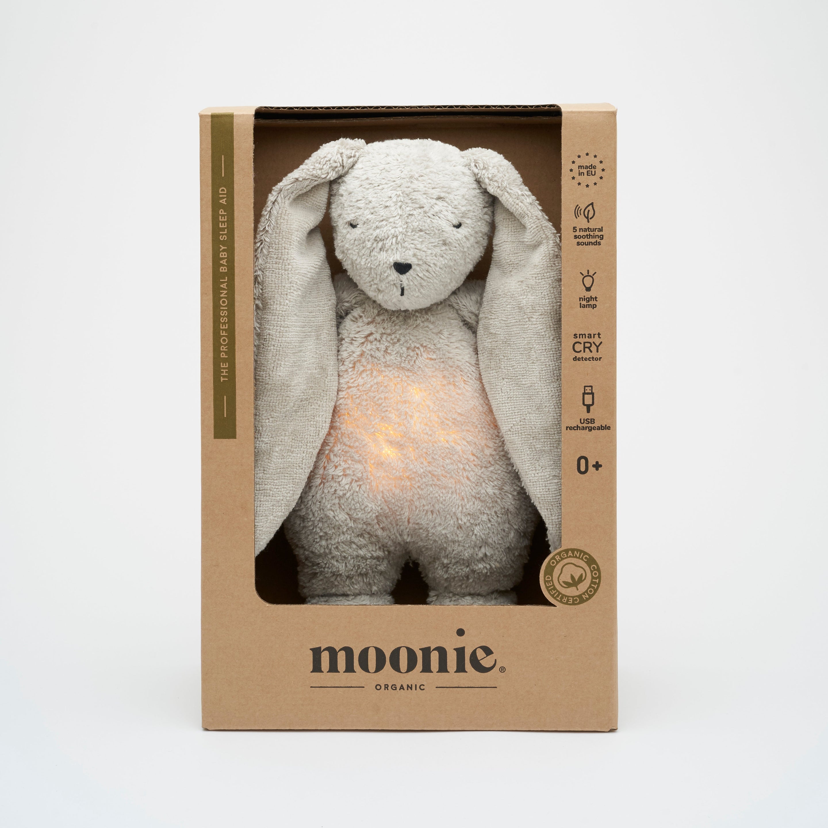 Moonie 2.0 upgrade - Knuffel Hartslag en Licht | Bunny Gray - Biologisch katoen Moonie 2.0 upgrade - Knuffel Hartslag en Licht | Bunny Gray - Biologisch katoen