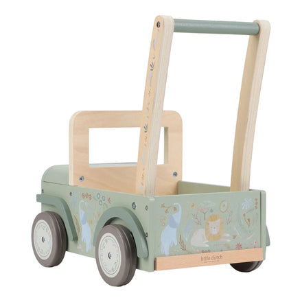 Little Dutch Duwkar Safari Friends met 4 houten wielen met rubberen strips, uit het assortiment van De Gele Flamingo.