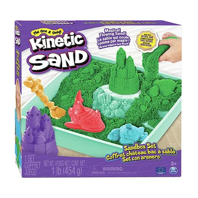 Groen Kinetic Sand in de meegeleverde opbergzandbak, sensorisch speelzand van De Gele Flamingo
