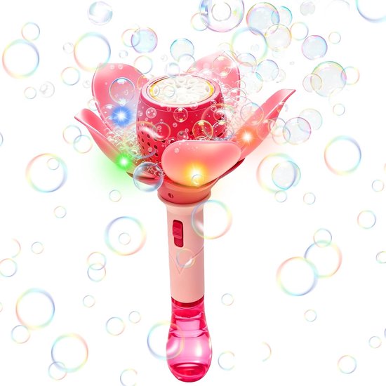 FunTrading roze bloemen bellenblaas met licht, automatische bellenblaasmachine, bij De Gele Flamingo