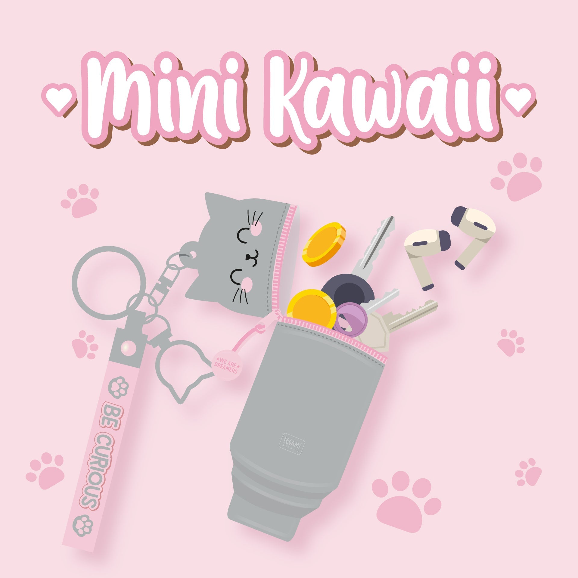 Legami mini portemonnee met sleutelhanger, kawaii kat, bij De Gele Flamingo