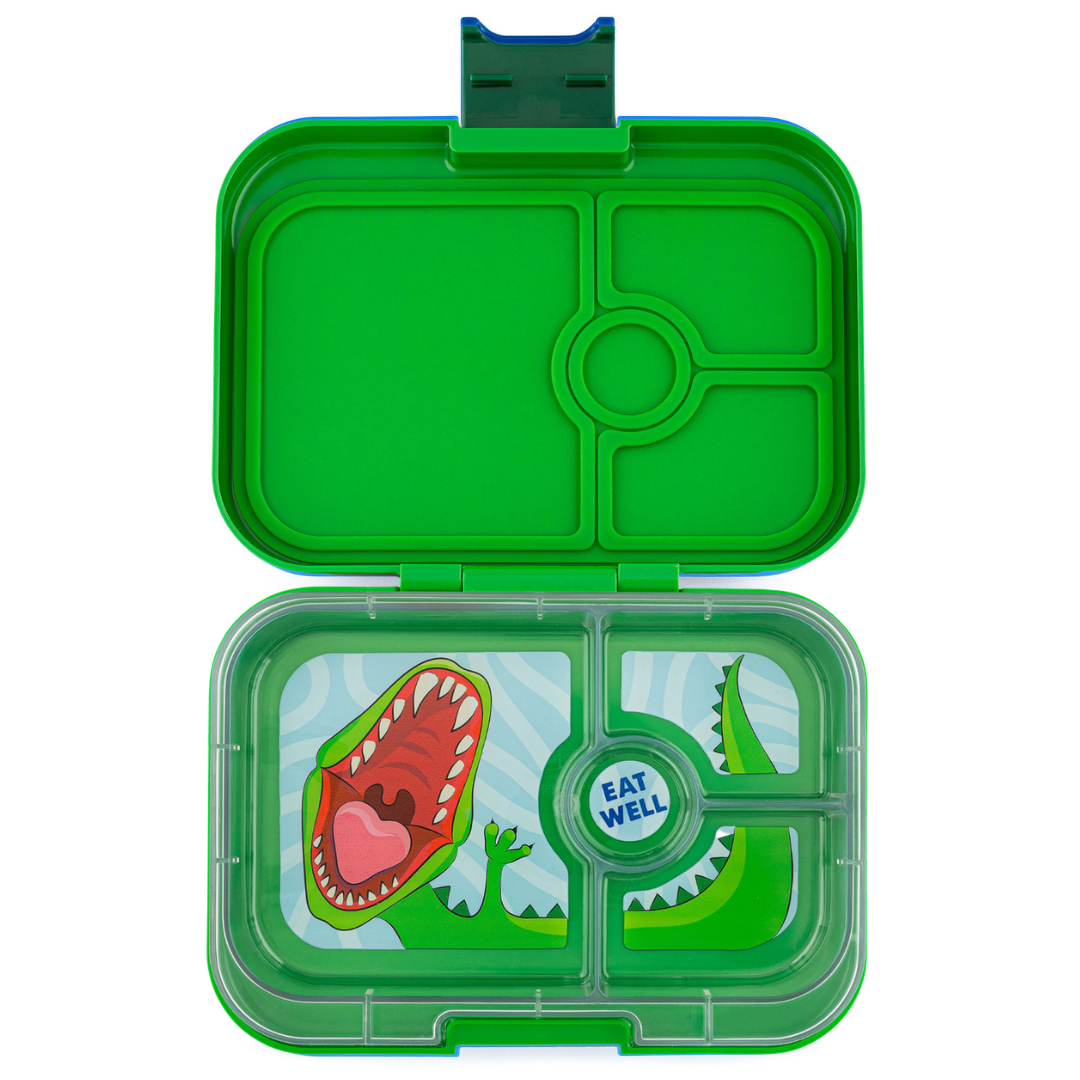 Yumbox Panino 4 Vakken Lekvrije Lunchbox Jurassic Groen Dino, snackbox van De Gele Flamingo.