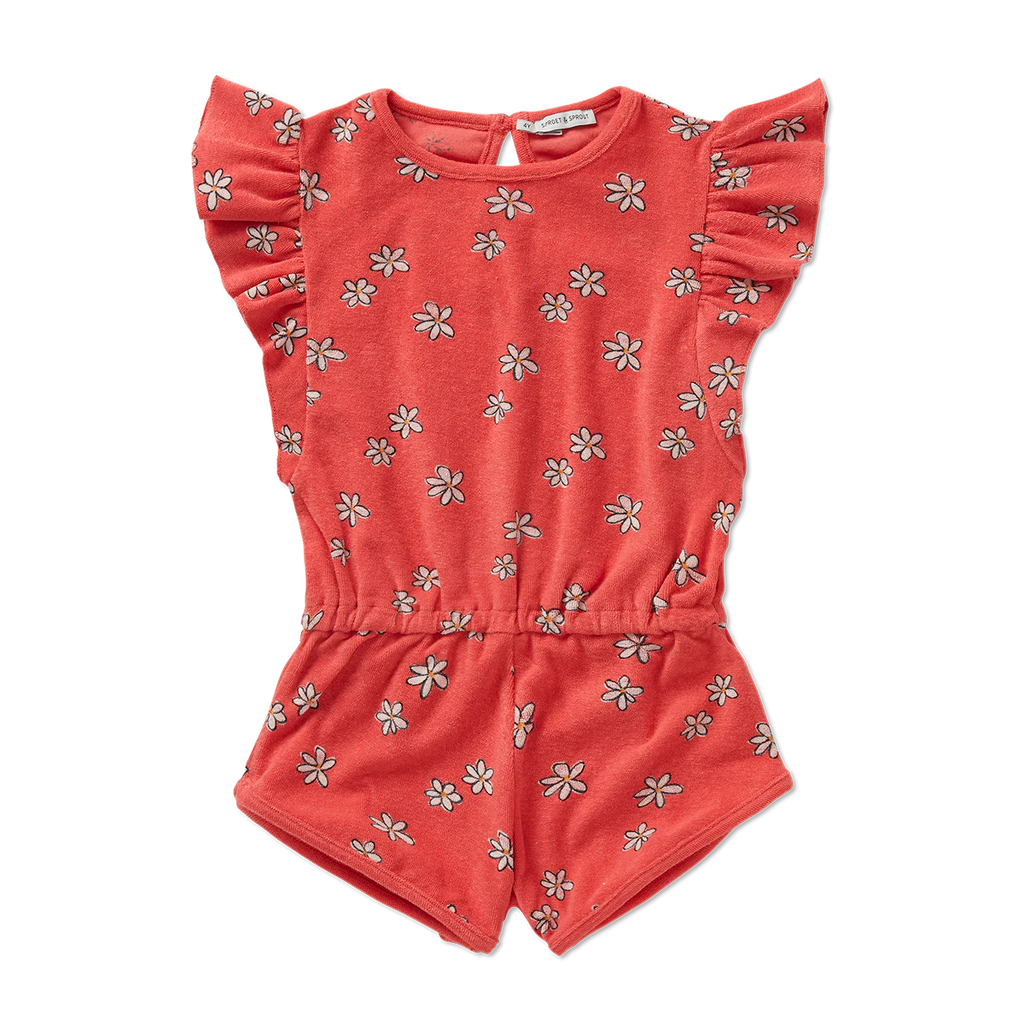 Sproet & Sprout Ruffle Terry Jumpsuit Daisies Print | Rose Petal