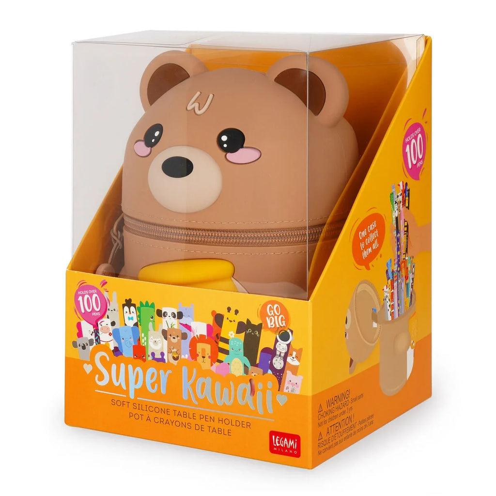 Teddybeer pennenhouder Honey van Legami die stevig rechtop blijft staan op het bureau