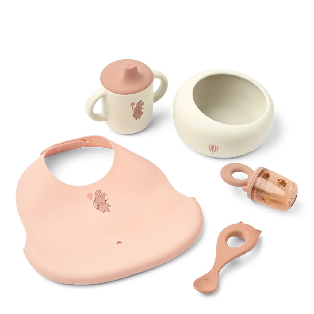 Liewood Mileah baby eetset Wild Child Rosey met kom, lepel, tuitbeker, slab en food feeder