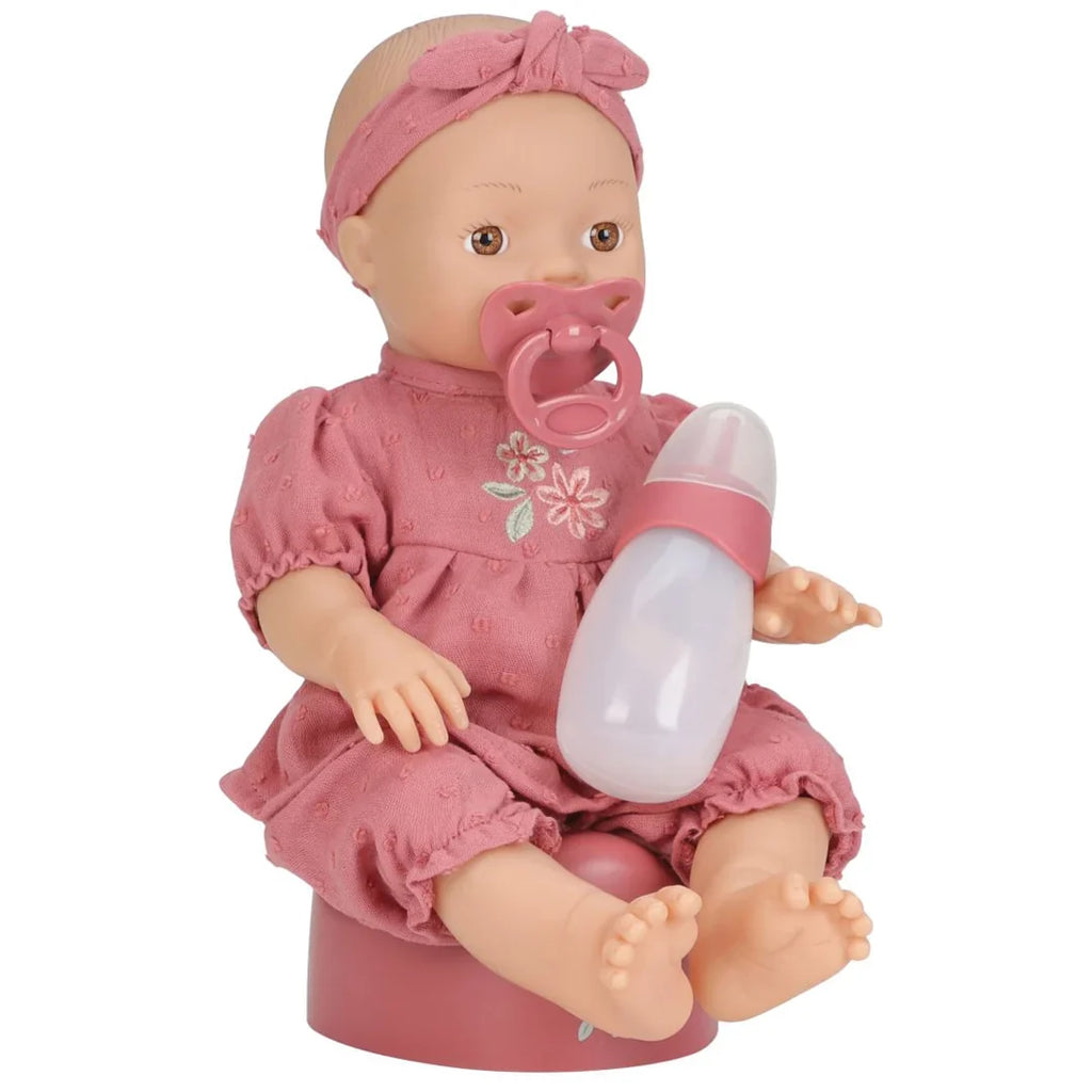 Little Dutch plaspop Livia in roze outfit met potje, flesje en speentje, bij De Gele Flamingo