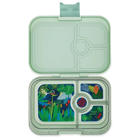Yumbox Panino lunchbox in Sage Green met jungleprint en 4 lekvrije vakken, te koop bij De Gele Flamingo