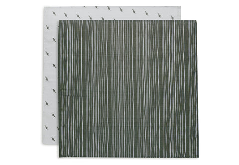 Jollein Hydrofiele Multidoek Small 70x70cm 2-Pack | Stripe & Olive Leaf Green